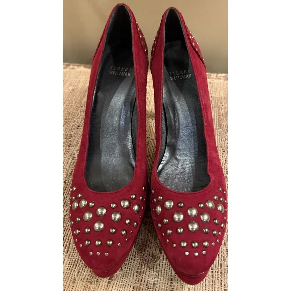 Stuart Weitzman Marse Suede Pump Platform Round Toe Slim Heel Stud Scarlet Red 8